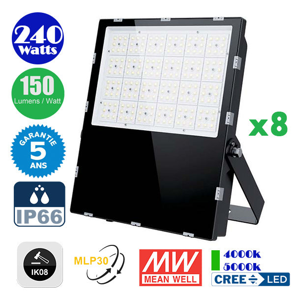 Pack de 8x Projecteurs LED Haute Puissance - Série CITY PLUS EVO 240 Watts - 36 000 Lumens - 150 Lumens/Watt - Angle  MLP30 - IP66 - IK08 - 41 x 33 x 5 cm - Transformateur MEANWELL - 4000k / 5000k - Garantie 5 ans