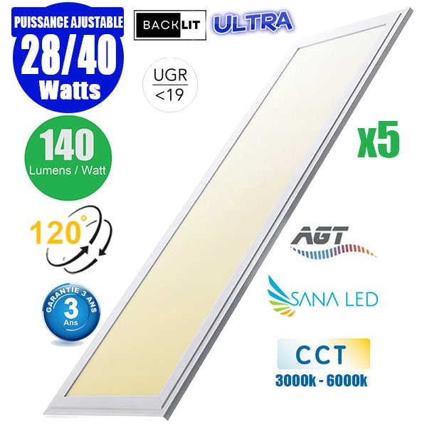 Pack de 5x Dalles LED Dernière génération - BACKLIT - 30 x 120 cm - Série AMBITION ULTRA - CCT – Puissance ajustable 28 à 40 Watts - Jusqu'à 5600 Lumens - 140 Lumens/Watt - Transformateur inclus - UGR <19 - Garantie 3 ans