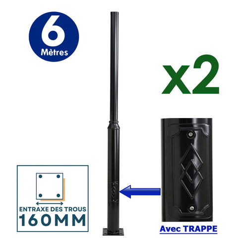 DERNIER DU STOCK : 2x Mâts / Poteaux pour lampe de rue - Série STANDARD V2 avec TRAPPE - Vis antivol - 6 mètres - Entraxe latéral des trous 160mm - Couleur Noir - Base de fondation incluse - Tête de mât et capuchon en option