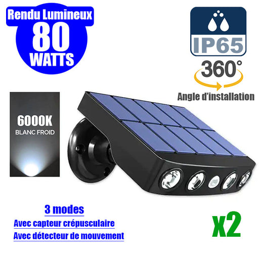 Pack 2x Projecteurs / Lampes de sécurité solaires LED multifonctionnelles - Série HYPNOSE - Rendu lumineux 80 Watts - 600 Lumens - Multi angles d'installation 360° - IP65 - 14 x 11 x 3 cm - Détecteur de mouvement - 3 Modes - Modèle noir - 6000k