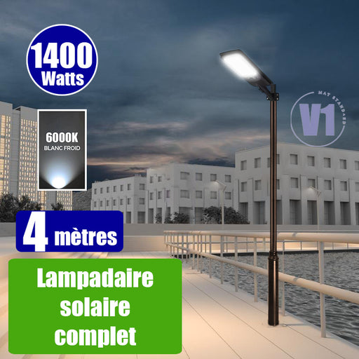 Pack lampadaire complet 4 mètres : Lampadaire solaire - Série VIEW V2 EVO 1400 Watts - 4500 Lumens - 6000k + Mât STANDARD 4 mètres au choix ( V1 EVO ou V4 ECO - Avec trappe) + Adaptateur ajustable 80/50mm ou Support déporté 45mm