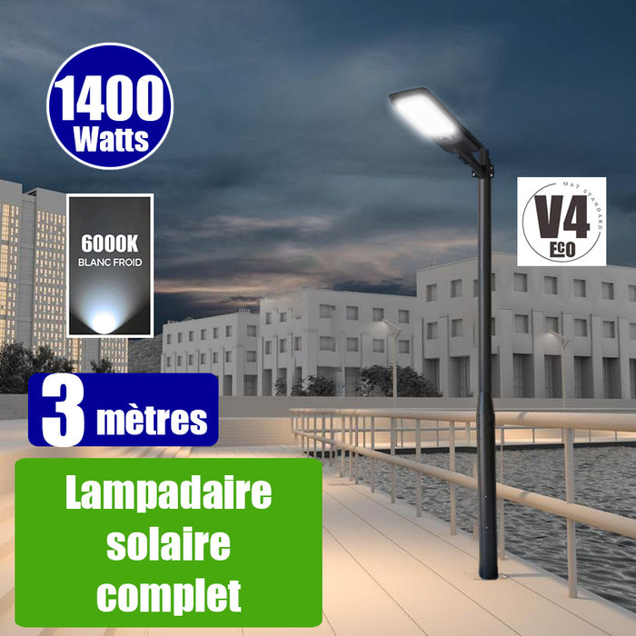 Pack lampadaire complet 3 mètres : Lampadaire solaire - Série VIEW V2 EVO1400 Watts - 4500 Lumens - 6000k + Mât STANDARD 3 mètres au choix ( V1 EVO ou V4 ECO - Avec trappe) + Adaptateur ajustable 80/50mm ou Support déporté 45mm