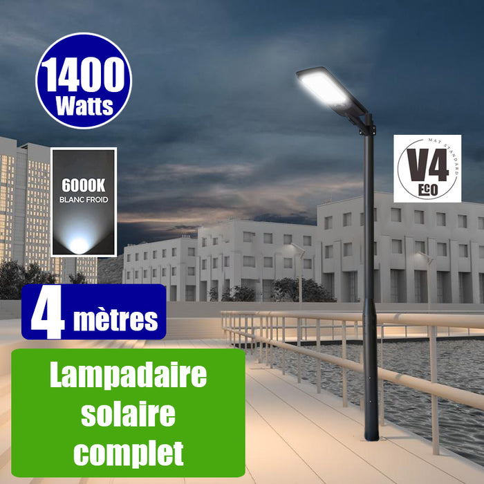 Pack lampadaire complet 4 mètres : Lampadaire solaire - Série VIEW V2 EVO 1400 Watts - 4500 Lumens - 6000k + Mât STANDARD 4 mètres au choix ( V1 EVO ou V4 ECO - Avec trappe) + Adaptateur ajustable 80/50mm ou Support déporté 45mm