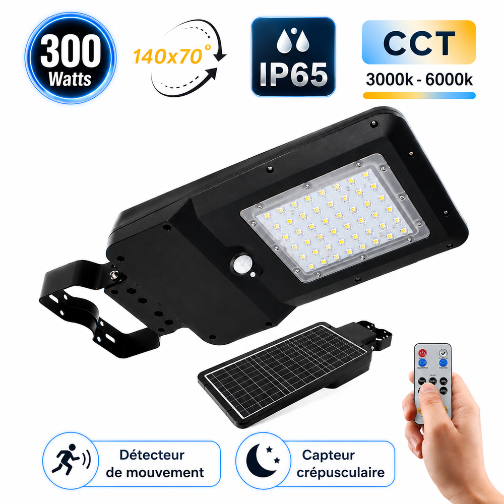 Lampe de rue et parking Solaire - Série STREET EVO V2 – Rendu lumineux 300 Watts - 3000 Lumens - CCT 3000k/4000k/6000k Ajustable - IP65 - 140x70° - 49 x 23 x 6 cm - Tube d'insertion 45-50mm - Télécommande - Détecteur de mouvement