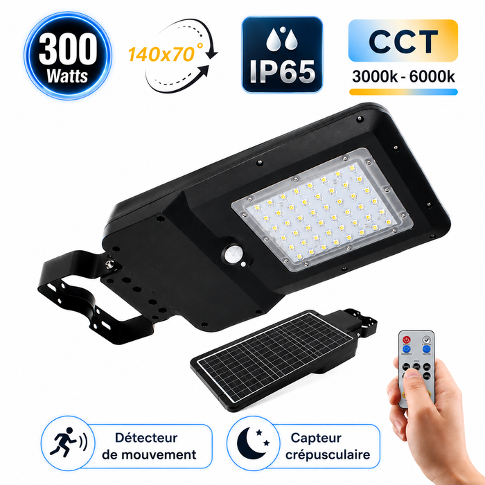 Lampe de rue et parking Solaire - Série STREET EVO V2 – Rendu lumineux 300 Watts - 3000 Lumens - CCT 3000k/4000k/6000k Ajustable - IP65 - 140x70° - 49 x 23 x 6 cm - Tube d'insertion 45-50mm - Télécommande - Détecteur de mouvement