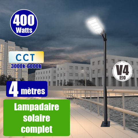 Pack lampadaire solaire complet 4 mètres : Lampe de rue et parking - Série VIEW V3 - 400 Watts - CCT + Mât STANDARD V4 ECO 4 mètres + Support déporté 45mm