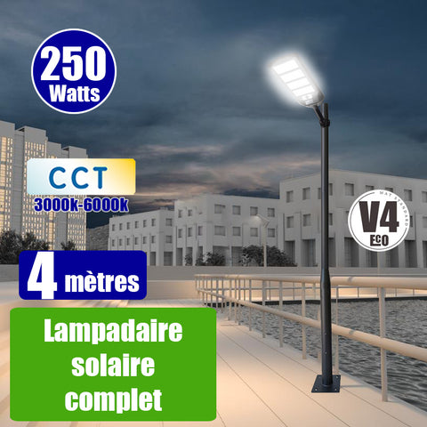 Pack lampadaire solaire complet 4 mètres : Lampe de rue et parking - Série VIEW V3 - 250 Watts - CCT + Mât STANDARD V4 ECO 4 mètres + Support déporté 45mm