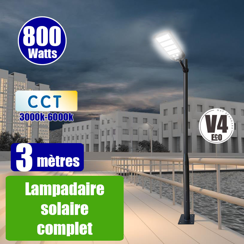 Pack lampadaire solaire complet 3 mètres : Lampe de rue et parking - Série VIEW V3 - 800 Watts - CCT + Mât STANDARD V4 ECO 3 mètres + Support déporté 45mm