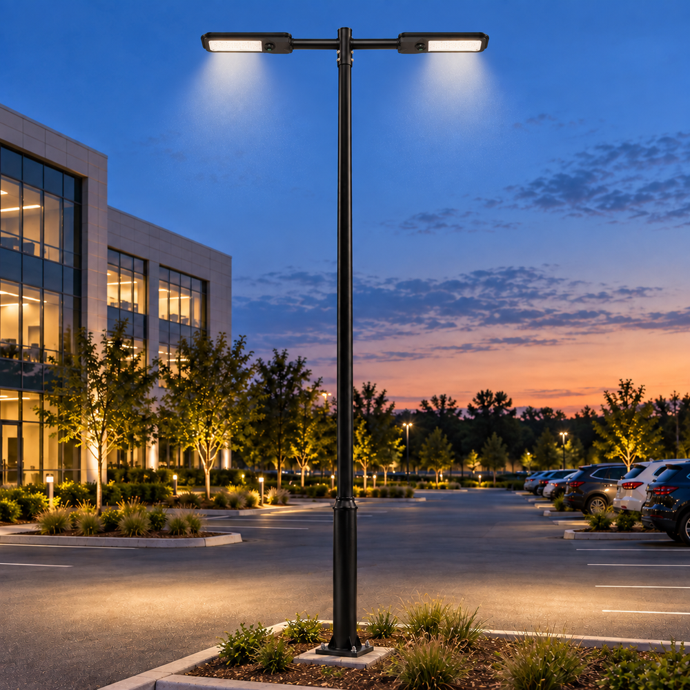 Pack lampadaire solaire complet double tête 3/4/5/6 mètres au choix : 2x Lampes solaires Série VIEW V2 EVO + Mât STANDARD V1 EVO - Entraxe des trous 200mm + Adaptateur en ligne ou perpendiculaire