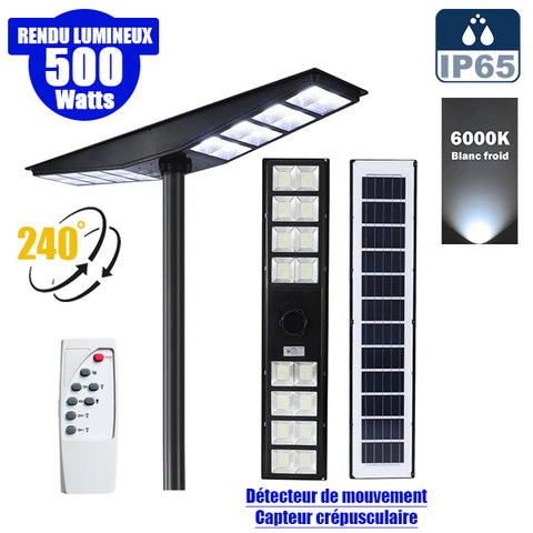 Lampadaire solaire pour extérieur - Série OVNI SATELLITE - 500 Watts - Angle 240° - IP65 - 117 x 24 x 12 cm - Diamètre tube d’insertion 76/60mm - 3 Modes - Télécommande - Détecteur de mouvement - Capteur crépusculaire - 6000k