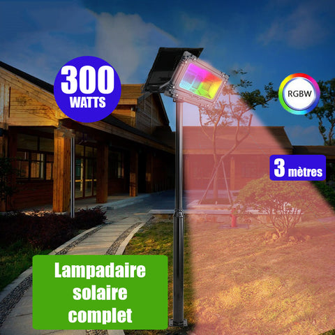 Pack lampadaire complet 3 mètres : Projecteur LED Solaire Série WARRIOR 300 Watts RGBW (Multicolores + Blanc) + Mât STANDARD 3 mètres (V1 EVO ou V4 EVO - Avec trappe) + Tête de mât rectangulaire
