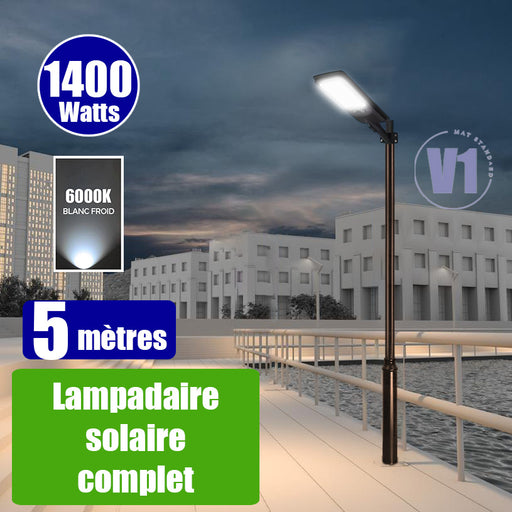 Pack lampadaire complet 5 mètres : Lampadaire solaire - Série VIEW V2 EVO 1400 Watts - 4500 Lumens - 6000k + Mât STANDARD V1 EVO 5 mètres + Adaptateur ajustable 80/50mm ou Support déporté 45mm