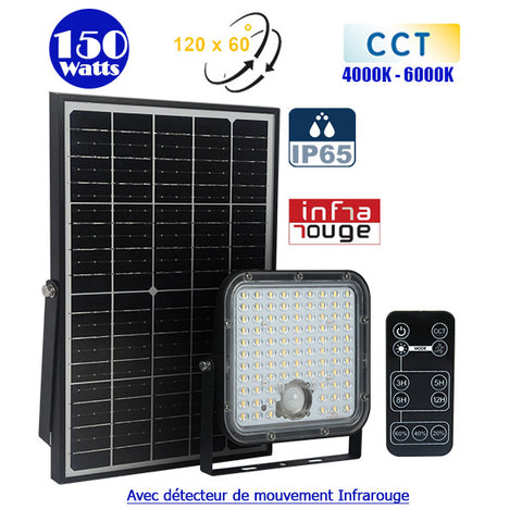 Projecteur LED solaire CCT (Couleur Changeante en Température) - Série SECURITY V1 - Rendu lumineux 150 Watts - 1500 lumens - Angle 120° x 60° - IP65 - Lampe 14 x 15 x 3 cm - Panneau solaire monocristallin - Détecteur Infrarouge