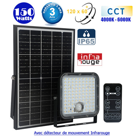 Projecteur LED solaire CCT (Couleur Changeante en Température) - Série SECURITY V1 - Rendu lumineux 150 Watts - 1500 lumens - Angle 120° x 60° - IP65 - Lampe 14 x 15 x 3 cm - Panneau solaire monocristallin - Détecteur Infrarouge
