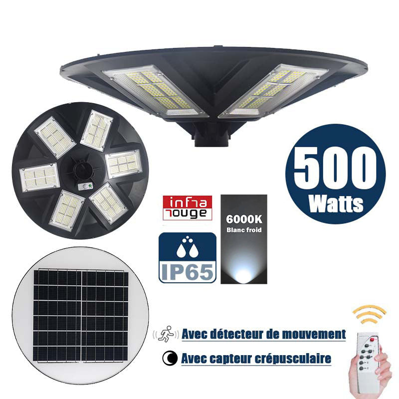 Lampe solaire pour extérieur - Série OVNI - Version HERCULE 500 - Rendu lumineux 500 Watts - 2200 lumens - Angle 360° - IP65 - Diamètre tube d'insertion 60/76mm - Avec détecteur de mouvement – Capteur crépusculaire - Avec télécommande - 6000k