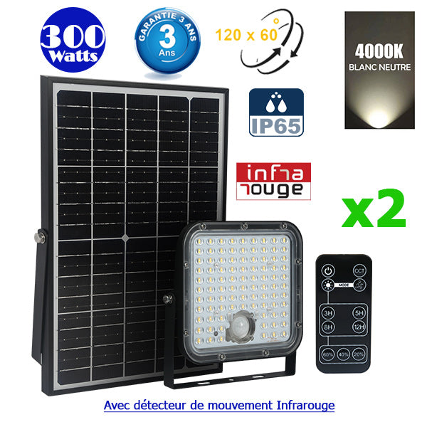 Pack de 2x Projecteurs LED solaires - Série SECURITY V1 - Rendu lumineux 300 Watts - 4800 lumens - Angle 120° x 60° - IP65 - 4000k - Lampe 20 x 19 x 5 cm - Panneau solaire monocristallin ajustable - Détecteur PIR - Télécommande