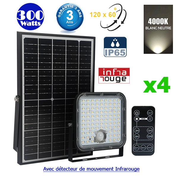 Pack de 4x Projecteurs LED solaires - Série SECURITY V1 - Rendu lumineux 300 Watts - 4800 lumens - Angle 120° x 60° - IP65 - 4000k - Lampe 20 x 19 x 5 cm - Panneau solaire monocristallin ajustable - Détecteur PIR - Télécommande