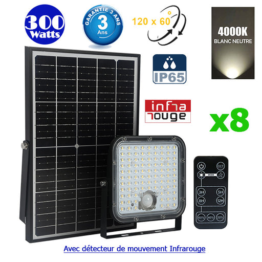 Pack de 8x Projecteurs LED solaires - Série SECURITY V1 - Rendu lumineux 300 Watts - 4800 lumens - Angle 120° x 60° - IP65 - 4000k - Lampe 20 x 19 x 5 cm - Panneau solaire monocristallin ajustable - Détecteur PIR - Télécommande