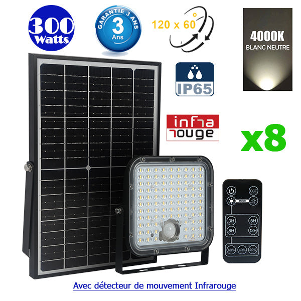 Pack de 8x Projecteurs LED solaires - Série SECURITY V1 - Rendu lumineux 300 Watts - 4800 lumens - Angle 120° x 60° - IP65 - 4000k - Lampe 20 x 19 x 5 cm - Panneau solaire monocristallin ajustable - Détecteur PIR - Télécommande