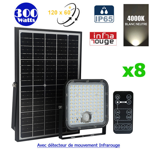 Pack de 8x Projecteurs LED solaires - Série SECURITY V1 - Rendu lumineux 300 Watts - 4800 lumens - Angle 120° x 60° - IP65 - 4000k - Lampe 20 x 19 x 5 cm - Panneau solaire monocristallin ajustable - Détecteur PIR - Télécommande