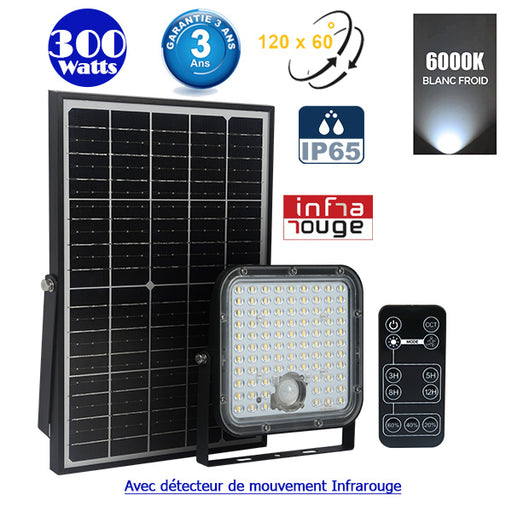 Projecteur LED solaire - Série SECURITY V1 - Rendu lumineux 300 Watts - 4800 lumens - Angle 120° x 60° - IP65 - 6000k - Lampe 20 x 19 x 5 cm - Panneau solaire monocristallin ajustable 35 x 24 x 2 cm - Détecteur Infrarouge - Télécommande