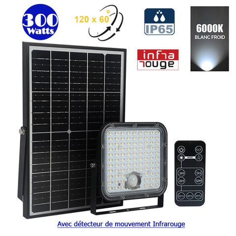 Projecteur LED solaire - Série SECURITY V1 - Rendu lumineux 300 Watts - 4800 lumens - Angle 120° x 60° - IP65 - 6000k - Lampe 20 x 19 x 5 cm - Panneau solaire monocristallin ajustable 35 x 24 x 2 cm - Détecteur Infrarouge - Télécommande
