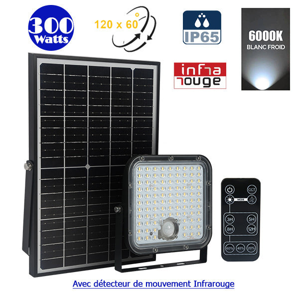 Projecteur LED solaire - Série SECURITY V1 - Rendu lumineux 300 Watts - 4800 lumens - Angle 120° x 60° - IP65 - 6000k - Lampe 20 x 19 x 5 cm - Panneau solaire monocristallin ajustable 35 x 24 x 2 cm - Détecteur Infrarouge - Télécommande