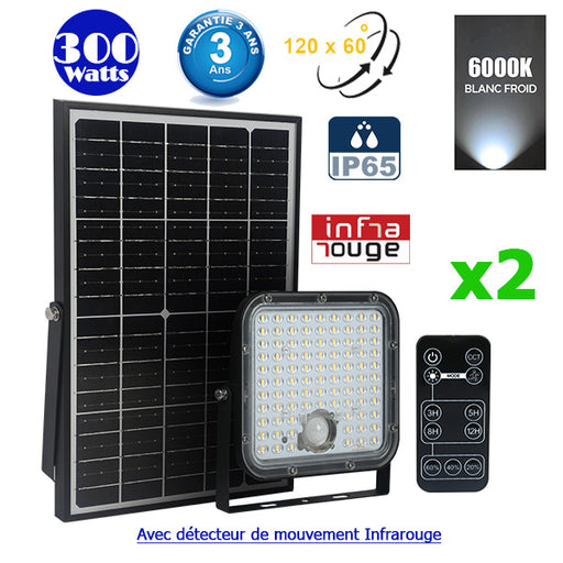 Pack de 2x Projecteurs LED solaires - Série SECURITY V1 - Rendu lumineux 300 Watts - 4800 lumens - Angle 120° x 60° - IP65 - 6000k - Lampe 20 x 19 x 5 cm - Panneau solaire monocristallin ajustable - Détecteur PIR - Télécommande