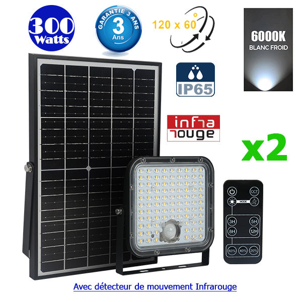 Pack de 2x Projecteurs LED solaires - Série SECURITY V1 - Rendu lumineux 300 Watts - 4800 lumens - Angle 120° x 60° - IP65 - 6000k - Lampe 20 x 19 x 5 cm - Panneau solaire monocristallin ajustable - Détecteur PIR - Télécommande