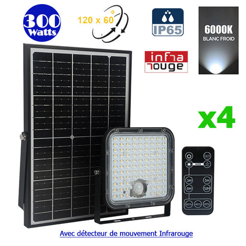 Pack de 4x Projecteurs LED solaires - Série SECURITY V1 - Rendu lumineux 300 Watts - 4800 lumens - Angle 120° x 60° - IP65 - 6000k - Lampe 20 x 19 x 5 cm - Panneau solaire monocristallin ajustable - Détecteur PIR - Télécommande