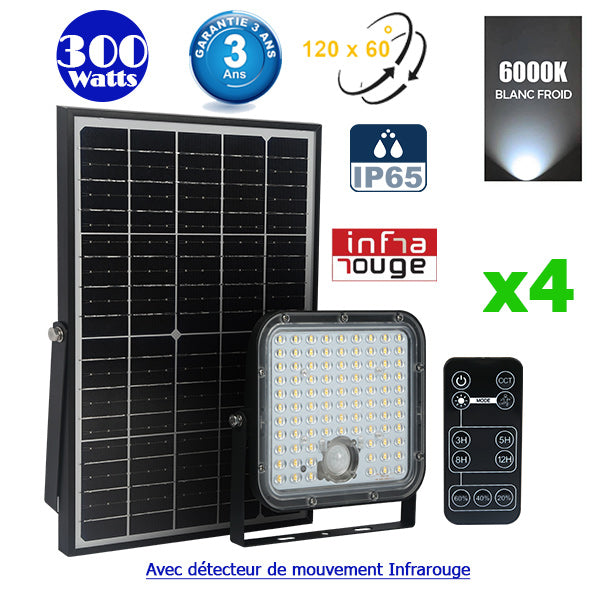 Pack de 4x Projecteurs LED solaires - Série SECURITY V1 - Rendu lumineux 300 Watts - 4800 lumens - Angle 120° x 60° - IP65 - 6000k - Lampe 20 x 19 x 5 cm - Panneau solaire monocristallin ajustable - Détecteur PIR - Télécommande