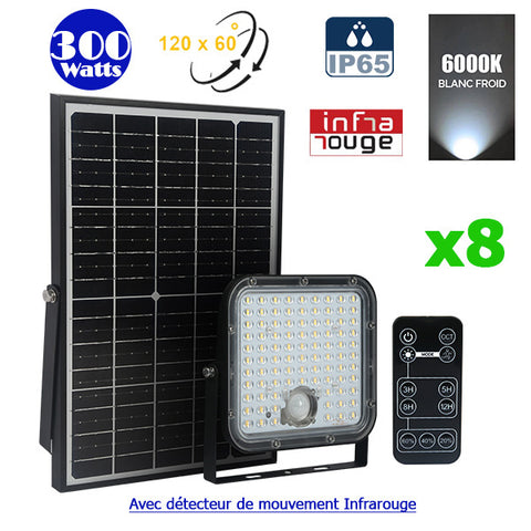 Pack de 8x Projecteurs LED solaires - Série SECURITY V1 - Rendu lumineux 300 Watts - 4800 lumens - Angle 120° x 60° - IP65 - 6000k - Lampe 20 x 19 x 5 cm - Panneau solaire monocristallin ajustable - Détecteur PIR - Télécommande