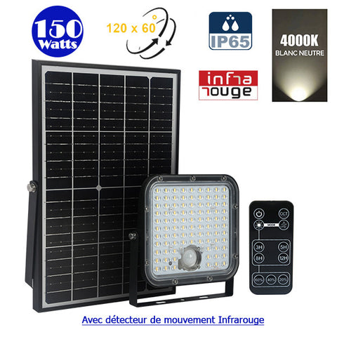 Projecteur LED solaire - Série SECURITY V1 - Rendu lumineux 150 Watts - 1500 lumens - Angle 120° x 60° - IP65 - 4000k - Lampe 14 x 15 x 3 cm - Panneau solaire monocristallin ajustable 22 x 18 x 2 cm - Détecteur Infrarouge - Télécommande