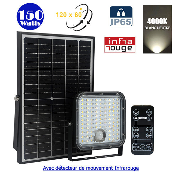 Projecteur LED solaire - Série SECURITY V1 - Rendu lumineux 150 Watts - 1500 lumens - Angle 120° x 60° - IP65 - 4000k - Lampe 14 x 15 x 3 cm - Panneau solaire monocristallin ajustable 22 x 18 x 2 cm - Détecteur Infrarouge - Télécommande