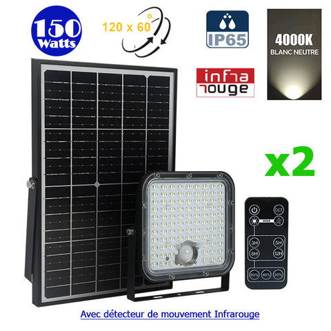 Pack de 2x Projecteurs LED solaires - Série SECURITY V1 - Rendu lumineux 150 Watts - 1500 lumens - Angle 120° x 60° - IP65 - 4000k - Lampe 14 x 15 x 3 cm - Panneau solaire monocristallin ajustable 22 x 18 x 2 cm - Détecteur Infrarouge - Télécommande