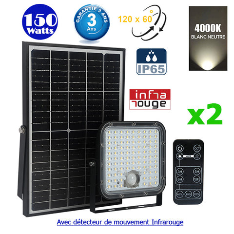 Pack de 2x Projecteurs LED solaires - Série SECURITY V1 - Rendu lumineux 150 Watts - 1500 lumens - Angle 120° x 60° - IP65 - 4000k - Lampe 14 x 15 x 3 cm - Panneau solaire monocristallin ajustable 22 x 18 x 2 cm - Détecteur Infrarouge - Télécommande