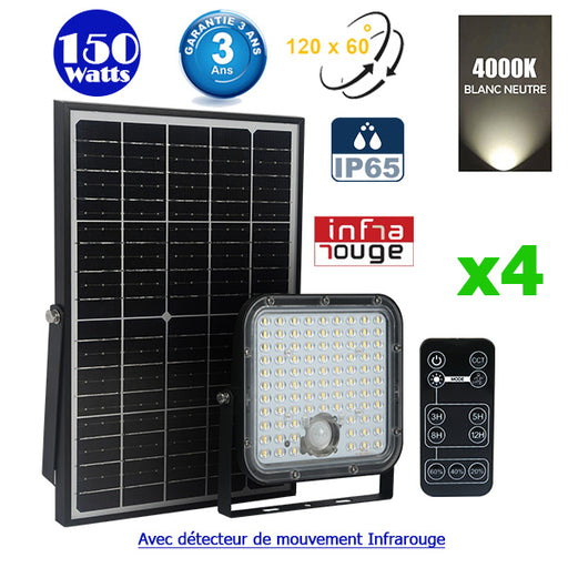 Pack de 4x Projecteurs LED solaires - Série SECURITY V1 - Rendu lumineux 150 Watts - 1500 lumens - Angle 120° x 60° - IP65 - 4000k - Lampe 14 x 15 x 3 cm - Panneau solaire monocristallin ajustable 22 x 18 x 2 cm - Détecteur Infrarouge - Télécommande