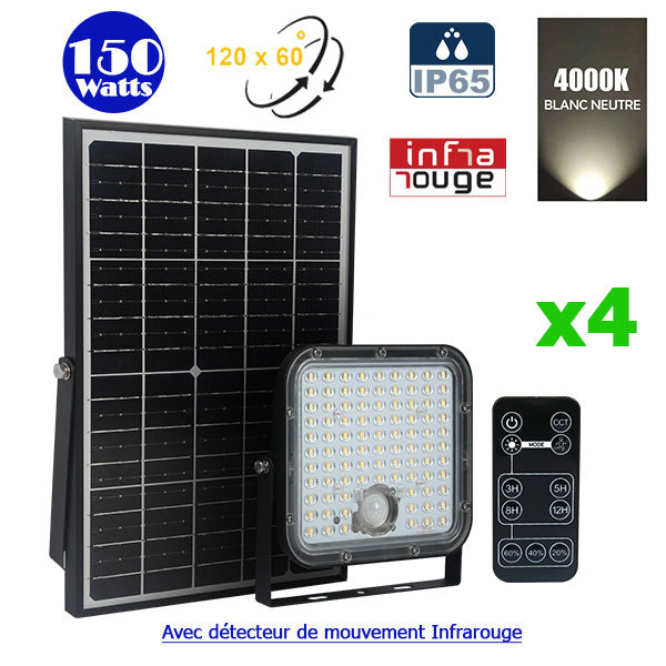 Pack de 4x Projecteurs LED solaires - Série SECURITY V1 - Rendu lumineux 150 Watts - 1500 lumens - Angle 120° x 60° - IP65 - 4000k - Lampe 14 x 15 x 3 cm - Panneau solaire monocristallin ajustable 22 x 18 x 2 cm - Détecteur Infrarouge - Télécommande