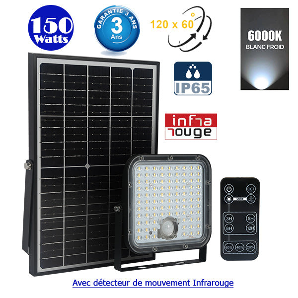 Projecteur LED solaire - Série SECURITY V1 - Rendu lumineux 150 Watts - 1500 lumens - Angle 120° x 60° - IP65 - 6000k - Lampe 14 x 15 x 3 cm - Panneau solaire monocristallin ajustable 22 x 18 x 2 cm - Détecteur Infrarouge - Télécommande