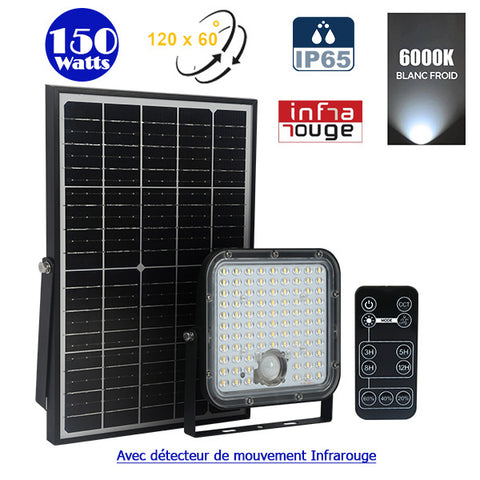 Projecteur LED solaire - Série SECURITY V1 - Rendu lumineux 150 Watts - 1500 lumens - Angle 120° x 60° - IP65 - 6000k - Lampe 14 x 15 x 3 cm - Panneau solaire monocristallin ajustable 22 x 18 x 2 cm - Détecteur Infrarouge - Télécommande