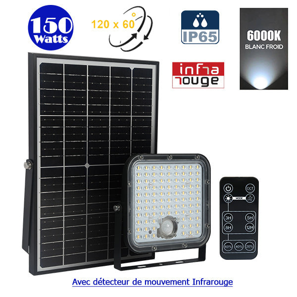 Projecteur LED solaire - Série SECURITY V1 - Rendu lumineux 150 Watts - 1500 lumens - Angle 120° x 60° - IP65 - 6000k - Lampe 14 x 15 x 3 cm - Panneau solaire monocristallin ajustable 22 x 18 x 2 cm - Détecteur Infrarouge - Télécommande