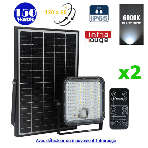 Pack de 2x Projecteurs LED solaires - Série SECURITY V1 - Rendu lumineux 150 Watts - 1500 lumens - Angle 120° x 60° - IP65 - 6000k - Lampe 14 x 15 x 3 cm - Panneau solaire monocristallin ajustable 22 x 18 x 2 cm - Détecteur Infrarouge - Télécommande