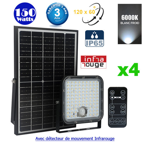 Pack de 4x Projecteurs LED solaires - Série SECURITY V1 - Rendu lumineux 150 Watts - 1500 lumens - Angle 120° x 60° - IP65 - 6000k - Lampe 14 x 15 x 3 cm - Panneau solaire monocristallin ajustable 22 x 18 x 2 cm - Détecteur Infrarouge - Télécommande