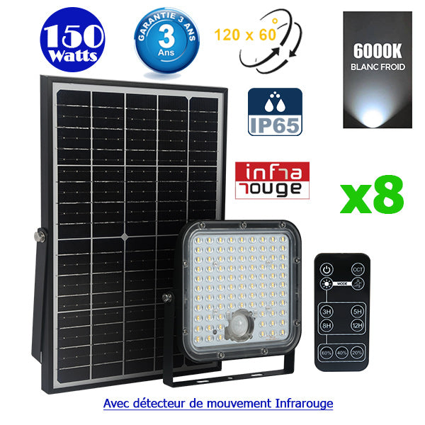 Pack de 8x Projecteurs LED solaires - Série SECURITY V1 - Rendu lumineux 150 Watts - 1500 lumens - Angle 120° x 60° - IP65 - 6000k - Lampe 14 x 15 x 3 cm - Panneau solaire monocristallin ajustable 22 x 18 x 2 cm - Détecteur Infrarouge - Télécommande