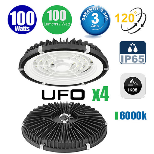 Pack de 4x Lampes industrielles UFO - Série LIGHT V2 - 100 Watts - 10 000 Lumens - 100 Lumens/Watt - Angle 120° - IP65 - Protection à l'impact IK08 - 23 x 5 cm - Couleur éclairage 6000K - Garantie 3 ans