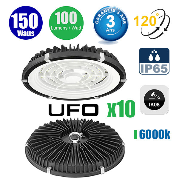 Pack de 10x Lampes industrielles UFO - Série LIGHT V2 - 150 Watts - 15 000 Lumens - 100 Lumens/Watt - Angle 120° - IP65 - Protection à l'impact IK08 - 26 x 5 cm - Couleur éclairage 6000K - Garantie 3 ans