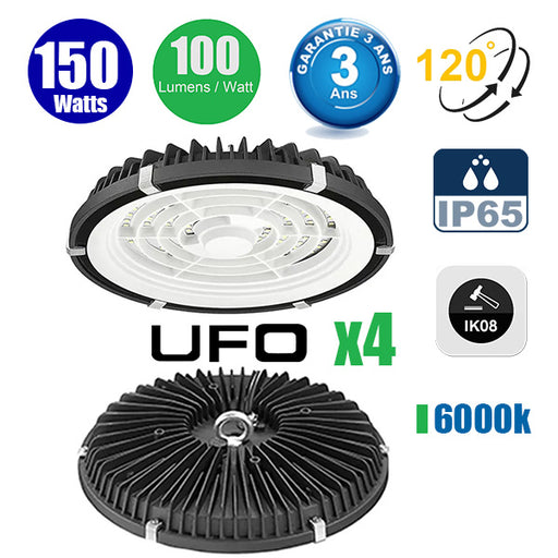 Pack de 4x Lampes industrielles UFO - Série LIGHT V2 - 150 Watts - 15 000 Lumens - 100 Lumens/Watt - Angle 120° - IP65 - Protection à l'impact IK08 - 26 x 5 cm - Couleur éclairage 6000K - Garantie 3 ans