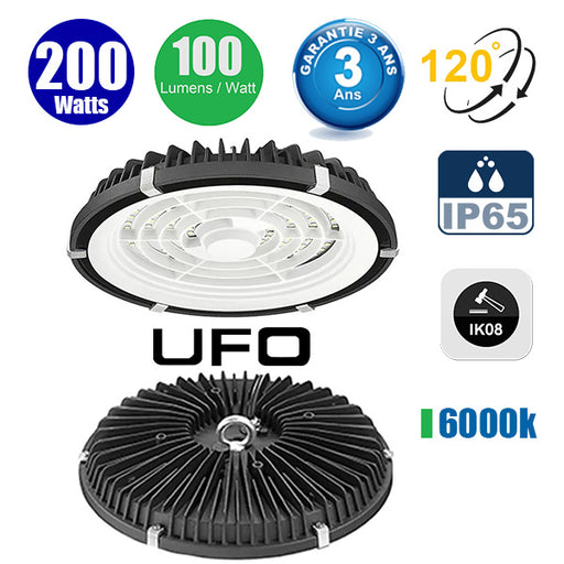 Lampe industrielle UFO - Série LIGHT V2 - 200 Watts - 20 000 Lumens - 100 Lumens/Watt - Angle 120° - IP65 - Protection à l'impact IK08 - 32 x 5 cm - Couleur éclairage 6000K - Garantie 3 ans