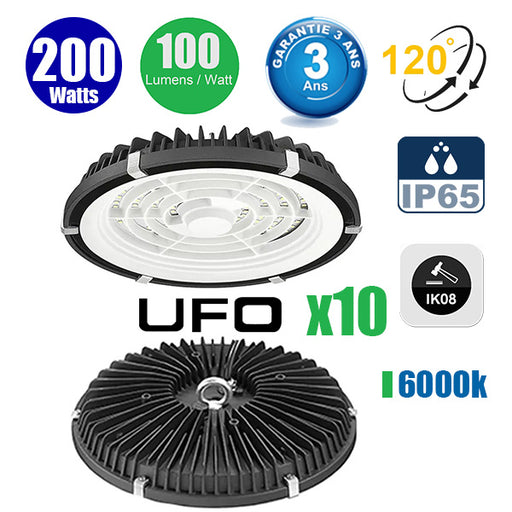 Pack de 10x Lampes industrielles UFO - Série LIGHT V2 - 200 Watts - 20 000 Lumens - 100 Lumens/Watt - Angle 120° - IP65 - Protection à l'impact IK08 - 32 x 5 cm - Couleur éclairage 6000K - Garantie 3 ans