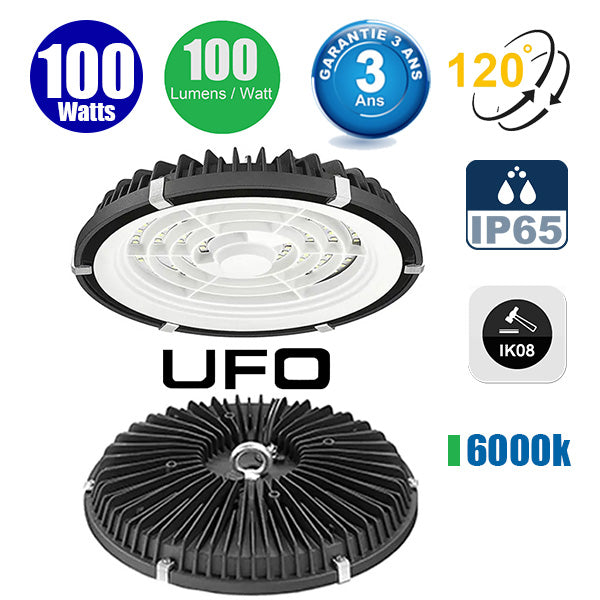 Lampe industrielle UFO - Série LIGHT V2 - 100 Watts - 10 000 Lumens - 100 Lumens/Watt - Angle 120° - IP65 - Protection à l'impact IK08 - 23 x 5 cm - Couleur éclairage 6000K - Garantie 3 ans